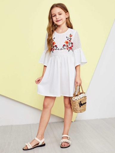 Girls Dot Mesh Flounce Sleeve Embroidered Dress