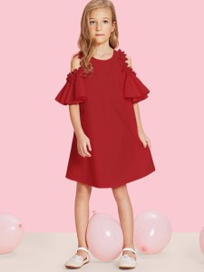 Girls Flower Applique Cold Shoulder Dress