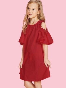 Girls Flower Applique Cold Shoulder Dress