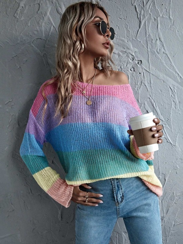 Rainbow Stripe Drop Shoulder Oversized Sweater