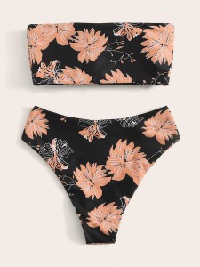 Random Floral Bandeau With High Waisted Bikini Set