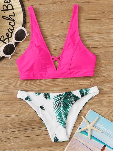 Random Palm Criss Cross Bikini Swimsuit