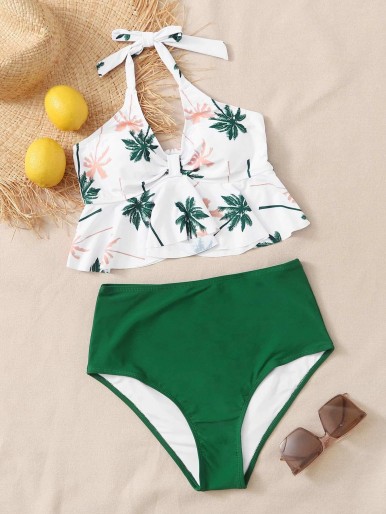 Random Palm Tree Ruffle High Waisted Bikini Swimsuit