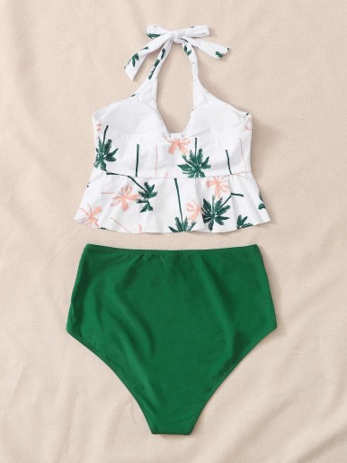 Random Palm Tree Ruffle High Waisted Bikini Swimsuit