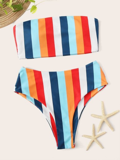 Random Striped Bandeau With High Leg Bikini