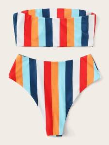 Random Striped Bandeau With High Leg Bikini