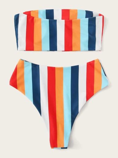 Random Striped Bandeau With High Leg Bikini