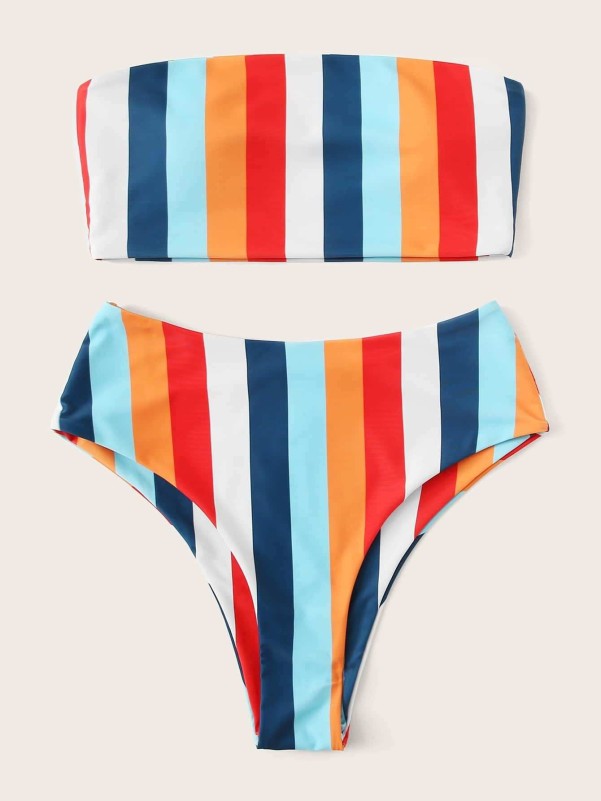 Random Striped Bandeau With High Leg Bikini