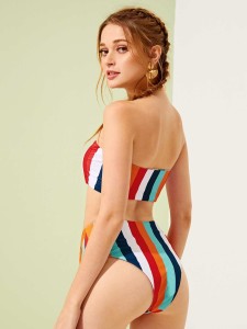 Random Striped Bandeau With High Leg Bikini