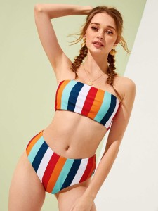 Random Striped Bandeau With High Leg Bikini