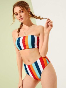 Random Striped Bandeau With High Leg Bikini