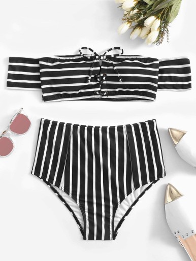 Random Striped Lace-up Top With High Waisted Bikini