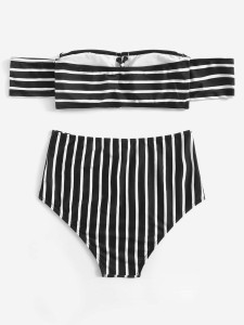 Random Striped Lace-up Top With High Waisted Bikini