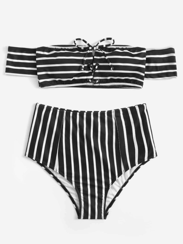 Random Striped Lace-up Top With High Waisted Bikini