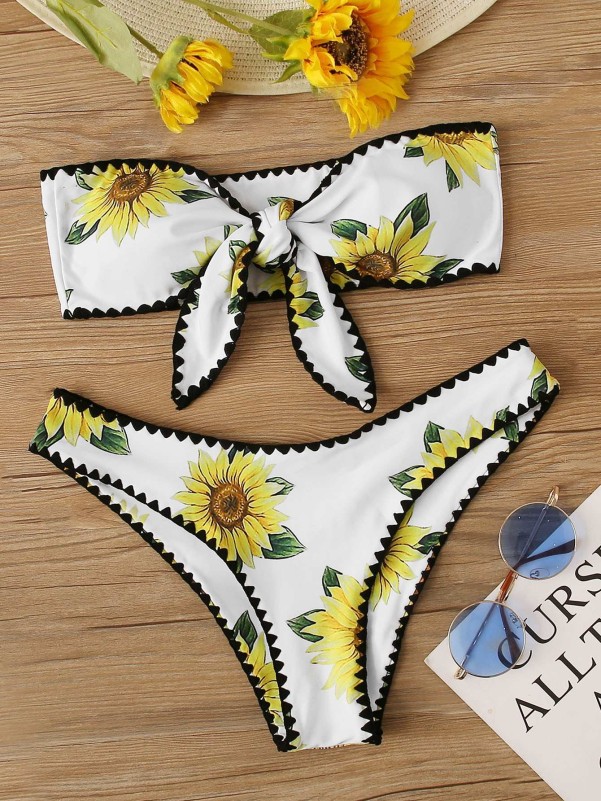 Random Sunflower Tie Front High Cut Bikini Swimsuit