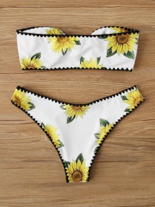 Random Sunflower Tie Front High Cut Bikini Swimsuit