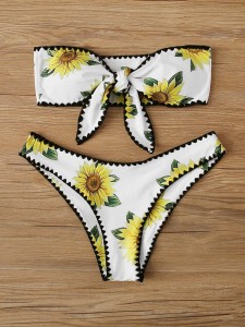 Random Sunflower Tie Front High Cut Bikini Swimsuit