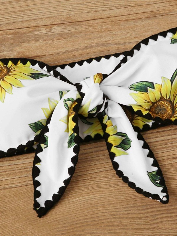 Random Sunflower Tie Front High Cut Bikini Swimsuit