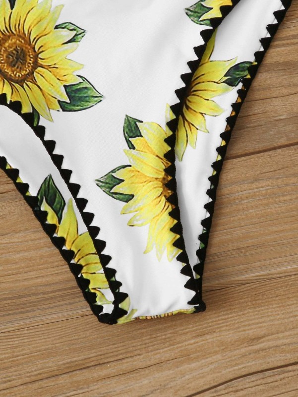 Random Sunflower Tie Front High Cut Bikini Swimsuit