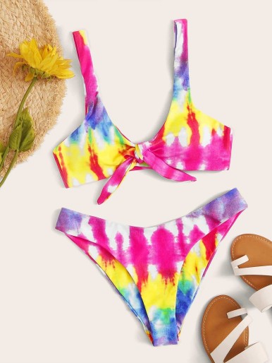 Random Tie Dye Tie Front Bikini Swimsuit