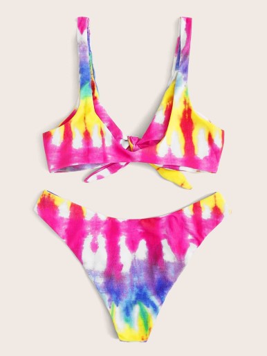 Random Tie Dye Tie Front Bikini Swimsuit