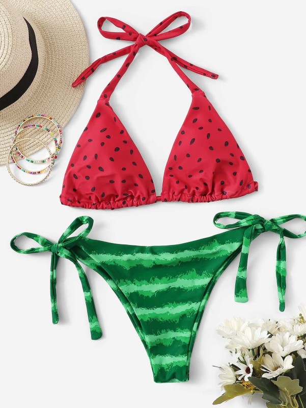 Random Watermelon Print Triangle Top With Tie Side Bikini