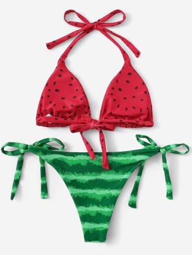 Random Watermelon Print Triangle Top With Tie Side Bikini