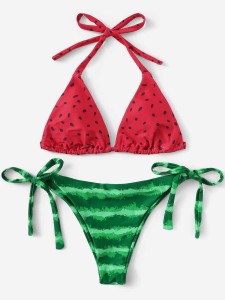 Random Watermelon Print Triangle Top With Tie Side Bikini