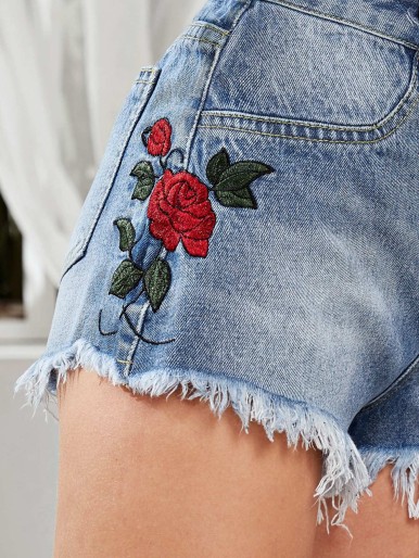Raw Hem Flower Embroidered Denim Shorts