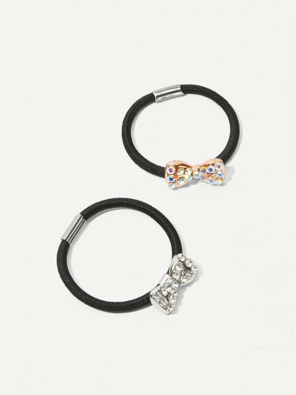 Rhinestone Decorated Metal Bow Hair Tie 2pack