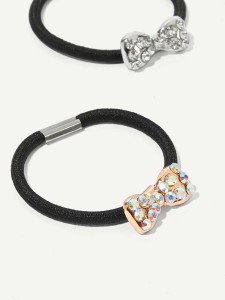 Rhinestone Decorated Metal Bow Hair Tie 2pack