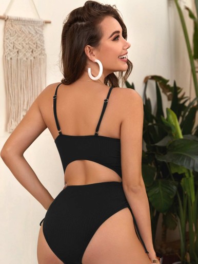 Rib Cut-out Drawstring One Piece Swimsuit
