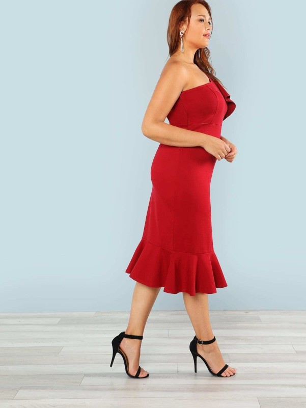 Plus One Shoulder Slit Ruffle Hem Dress