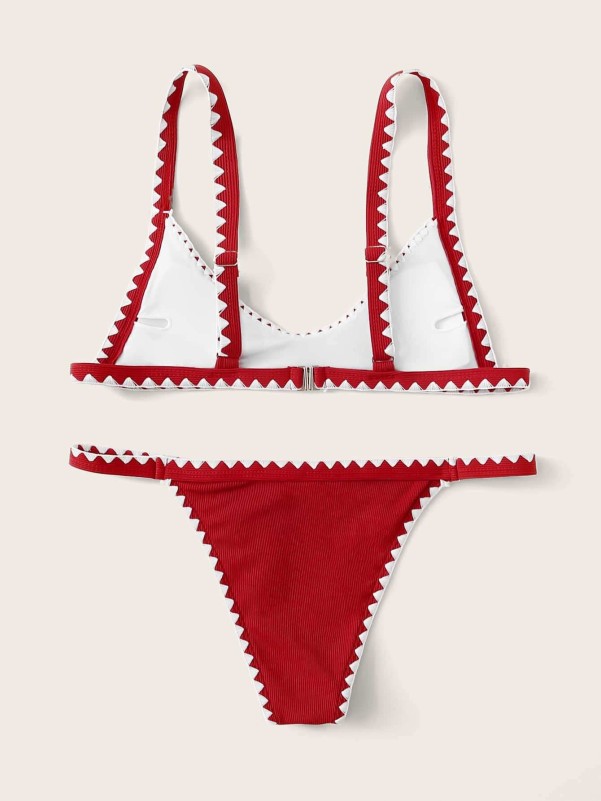 Rib Whip Stitch Triangle Tanga Bikini Swimsuit