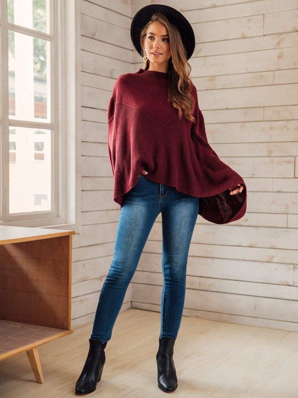 Ribbed Knit Solid Poncho Sweater