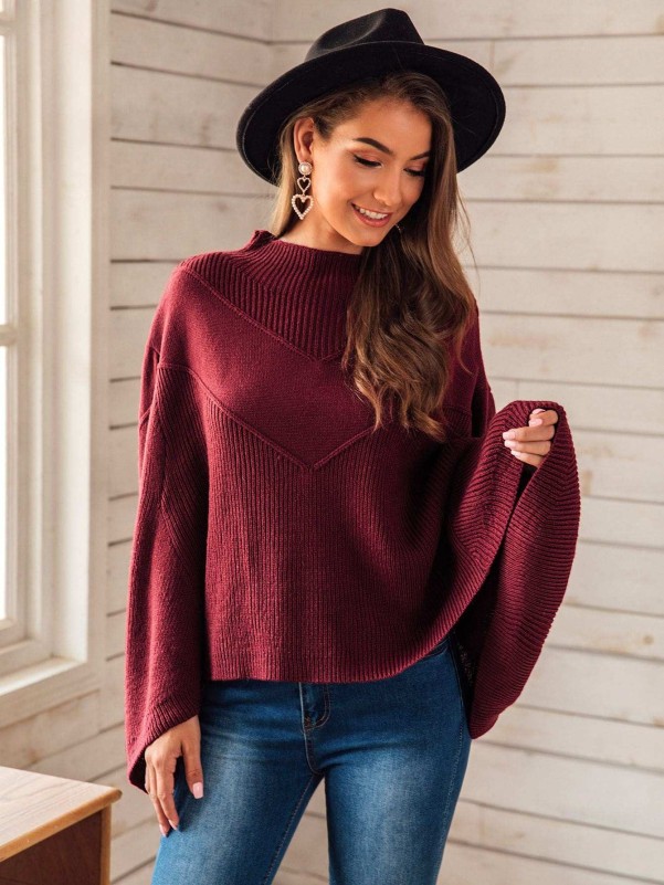 Ribbed Knit Solid Poncho Sweater