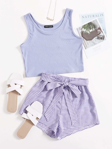 Rib-knit Tank Top & Self Belted Gingham Shorts Set