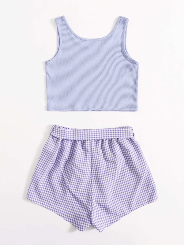 Rib-knit Tank Top & Self Belted Gingham Shorts Set