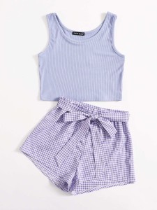 Rib-knit Tank Top & Self Belted Gingham Shorts Set