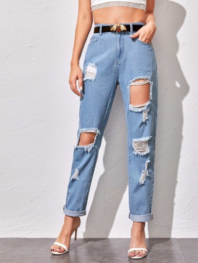 Ripped Button Fly Jeans Without Belted