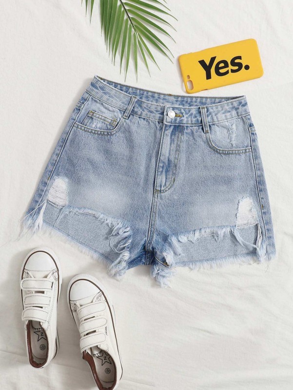 Ripped Raw Hem Denim Shorts