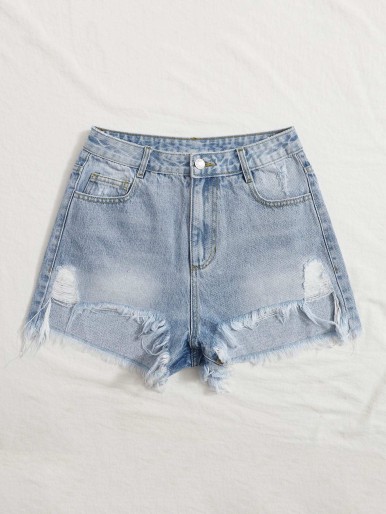 Ripped Raw Hem Denim Shorts