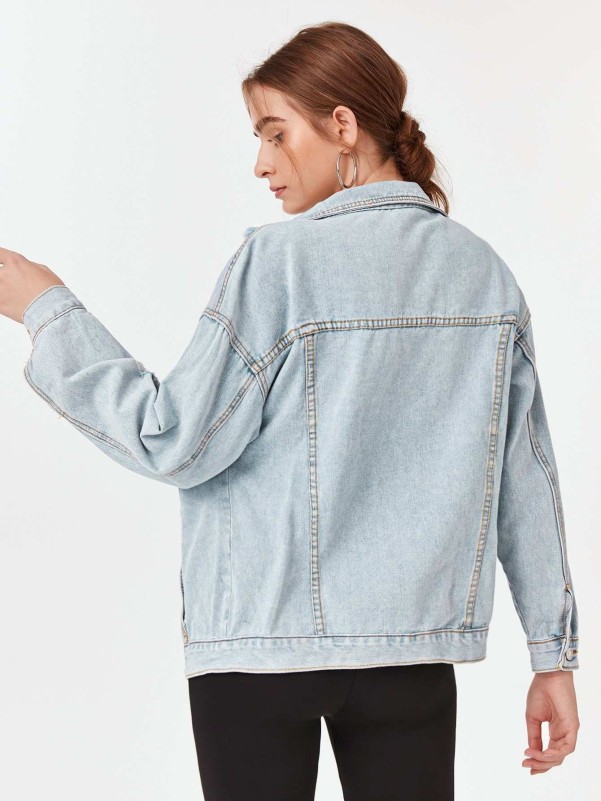 Ripped Solid Denim Trucker Jacket