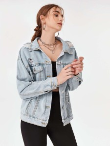 Ripped Solid Denim Trucker Jacket