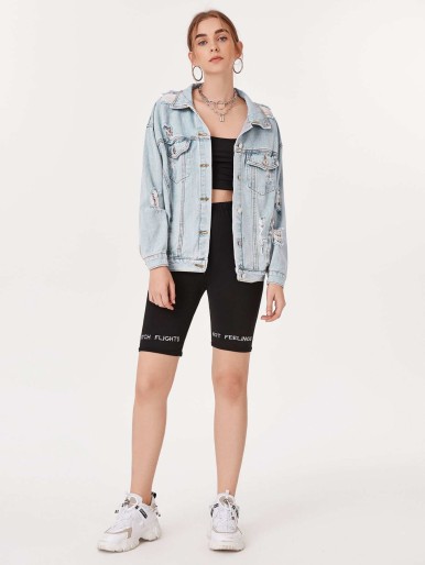 Ripped Solid Denim Trucker Jacket