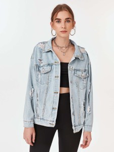 Ripped Solid Denim Trucker Jacket