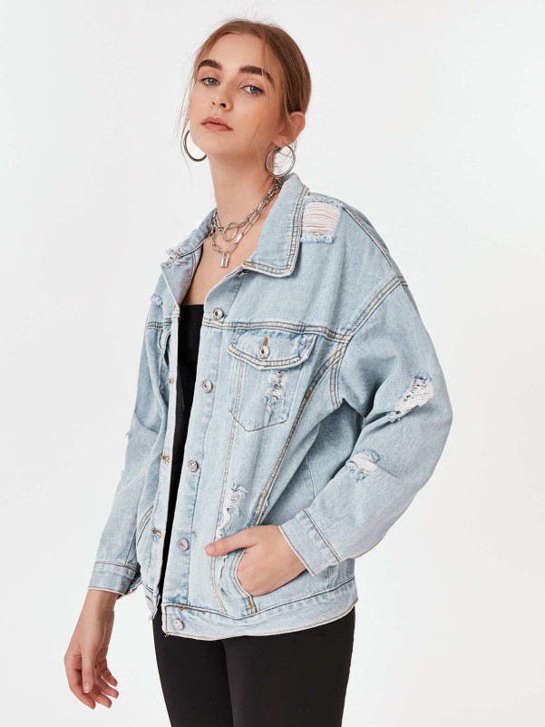 Ripped Solid Denim Trucker Jacket