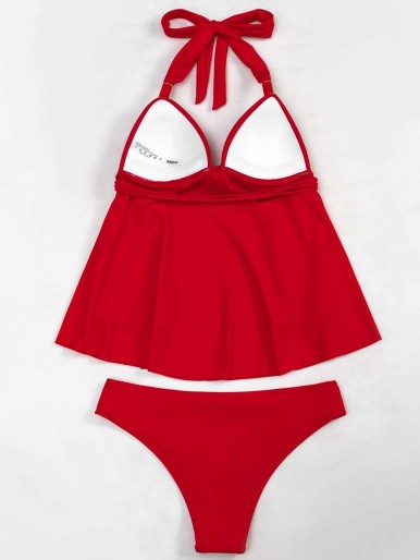 Ruched Ruffle Hem Halter Bikini Swimsuit