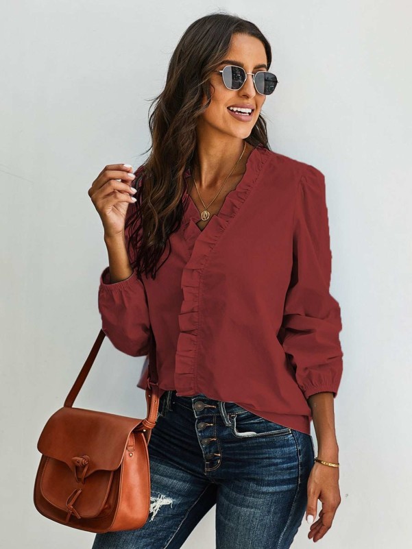 Ruffle Plain Casual Blouses