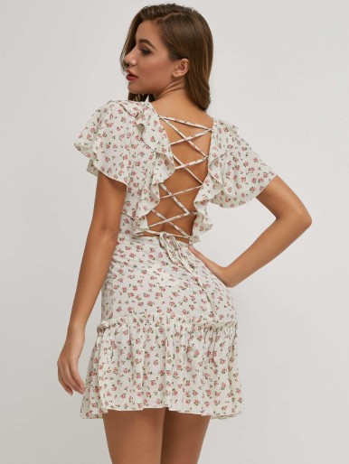 SBetro Lace Up Knot Cut-out Back Ruffle Hem Ditsy Floral Dress